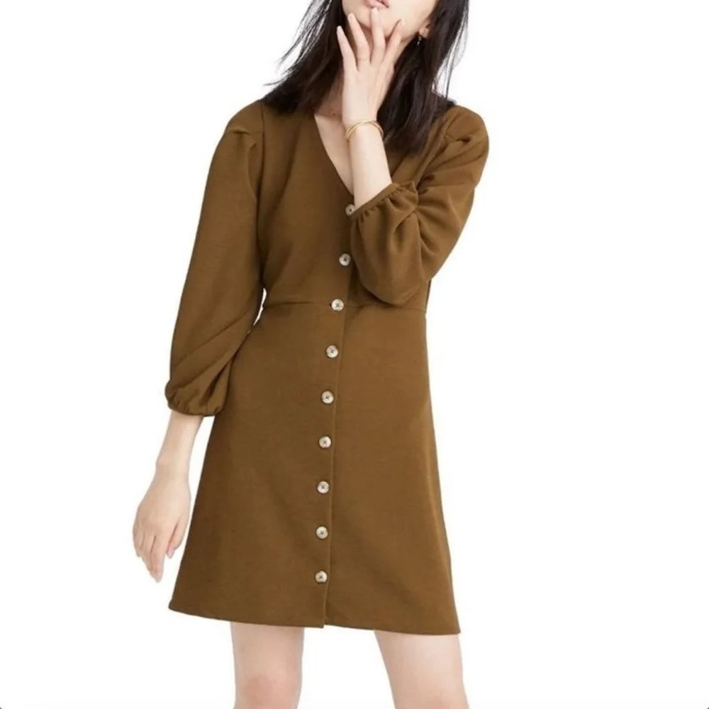 Madewell Texture and Thread Crepe Balloon Sleeve Dress in Asparagus Medium